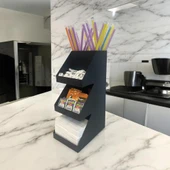 3 Katlı 5 Bölmeli Metal Pipet, Peçetelik, Şekerlik Siyah Organizer Stand Model - 3 - 7