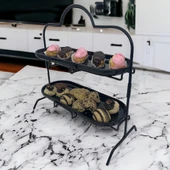 2 Katlı Siyah Melamin 13x32cm Metal Sunum Standı – İkram ve Servis İçin Model 1 Siyah - 9