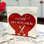 "I LOVE MY KITCHEN" Temalı Metal Peçetelik Kırmızı Kalp Şeklinde - 2