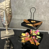 2 Katlı Dekoratif Siyah Metal Çerezlik / Peynir Sunum Servis Tabağı - Lokumluk / Makaron, Pankek ve Tatlı Sunumu İçin - 7