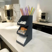 3 Katlı 5 Bölmeli Metal Pipet, Peçetelik, Şekerlik Siyah Organizer Stand Model - 3 - 6