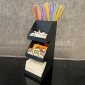 3 Katlı 5 Bölmeli Metal Pipet, Peçetelik, Şekerlik Siyah Organizer Stand Model - 3 - 1