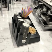4 Bölmeli 16Oz ve 3 yuvalı Basamaklı Kahve Standı Düzenleyici Organizer Siyah Renkli Çok Bölmeli Kafe ve Self-Servis İçin Pratik Organizatör - 1