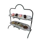 2 Katlı Beyaz Gümüş Zemin Mermer Desenli Melamin 13x32cm Metal Sunum Standı – İkram ve Servis İçin Model 1 Siyah - 6