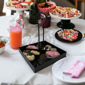 Tek Katlı Dekoratif Metal Siyah Çerezlik, Peynir Sunum Servis Tabağı - Lokumluk, Makaron, Pankek ve Tatlı İçin İdeal - 2