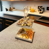 2 Katlı Dekoratif Beyaz Metal Çerezlik / Peynir Sunum Servis Tabağı - Lokumluk / Makaron, Pankek ve Tatlı Sunumu İçin - 8