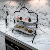 2 Katlı Beyaz Gümüş Zemin Mermer Desenli Melamin 13x32cm Metal Sunum Standı – İkram ve Servis İçin Model 1 Siyah - 5