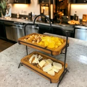 2 Katlı Ahşap Zeminliı 15x27cm Metal Standlı Ahşap Sunum Standı – İkram ve Servis İçin Model 1 Siyah - 6