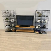 Bambu Ahşap ve Metal Detaylı TV Ünitesi & Sekizli Tel Küp Raf Sistemi - Modern Tasarım Model-1 - 1