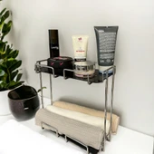 2 Katlı 28x14 Gümüş Banyo ve Kozmetik Düzenleyici - Çift Katlı Sunum ve Servis Tepsisi - 10