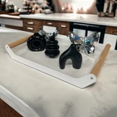 AHŞAP SAPLI 40X25 DEKORATİF METAL TEPSİ BEYAZ, SUNUM, DEKORATİF TEPSİ - 2