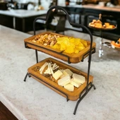 2 Katlı Ahşap Zeminliı 15x27cm Metal Standlı Ahşap Sunum Standı – İkram ve Servis İçin Model 1 Siyah - 4