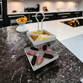 2 Katlı Dekoratif Beyaz Metal Çerezlik / Peynir Sunum Servis Tabağı - Lokumluk / Makaron, Pankek ve Tatlı Sunumu İçin - 1