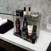 2 Katlı 28x14 Gümüş Banyo ve Kozmetik Düzenleyici - Çift Katlı Sunum ve Servis Tepsisi - 13