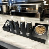 4 Bölmeli Karton Bardaklık ve 2' li Tek yuvalı Karistirici ve Şeker Endüstriyel Mutfak Kahve Aksesuar Düzenleyici Siyah Çok Bölmeli Kafe/Ofis Kahve Standı - 7