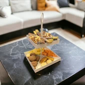 2 Katlı Dekoratif Beyaz Metal Çerezlik / Peynir Sunum Servis Tabağı - Lokumluk / Makaron, Pankek ve Tatlı Sunumu İçin - 3