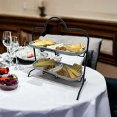 2 Katlı Beyaz Gümüş Zemin Mermer Desenli Melamin 13x32cm Metal Sunum Standı – İkram ve Servis İçin Model 1 Siyah - 1