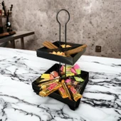 2 Katlı Dekoratif Siyah Metal Çerezlik / Peynir Sunum Servis Tabağı - Lokumluk / Makaron, Pankek ve Tatlı Sunumu İçin - 2