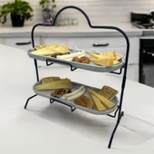 2 Katlı Beyaz Gümüş Zemin Mermer Desenli Melamin 13x32cm Metal Sunum Standı – İkram ve Servis İçin Model 1 Siyah - 12