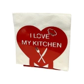 "I LOVE MY KITCHEN" Temalı Metal Peçetelik Kırmızı Kalp Şeklinde - 4