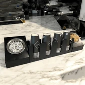 4 Bölmeli Karton Bardaklık ve 2' li Tek yuvalı Karistirici ve Şeker Endüstriyel Mutfak Kahve Aksesuar Düzenleyici Siyah Çok Bölmeli Kafe/Ofis Kahve Standı - 3