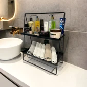 2 Katlı Üçgen Siyah Metal Banyo, Mutfak, Makyaj Organizatörü - Model 2 - 1