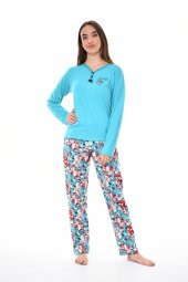 Pianoluce Kadın Pamuklu V Yaka Düğmeli Uzun Kol Pijama Takım Turkuaz PLWM22PJT005 - 1