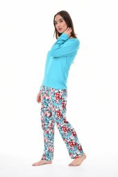 Pianoluce Kadın Pamuklu V Yaka Düğmeli Uzun Kol Pijama Takım Turkuaz PLWM22PJT005 - 3