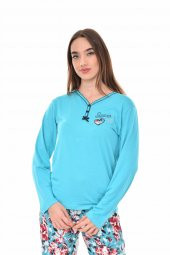 Pianoluce Kadın Pamuklu V Yaka Düğmeli Uzun Kol Pijama Takım Turkuaz PLWM22PJT005 - 7