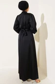 Büzgü Kuşaklı Basic Saten Elbise Siyah - 3