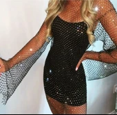 Kadın Uzun Kollu Kristal Taşlı File Elbise - 2