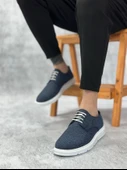ET0003 Bağcıklı Klasik Spor Keten Lacivert  Beyaz Taban Casual Erkek Ayakkabı - 2