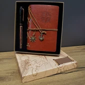 Deri Pusula Tasarımlı Defter Ve Metal Kalem Seti - 1
