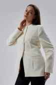 Ekru Bisiklet Yaka Regular Dokuma Ceket - 8