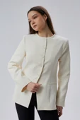 Ekru Bisiklet Yaka Regular Dokuma Ceket - 7