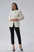 Ekru Bisiklet Yaka Regular Dokuma Ceket - 2