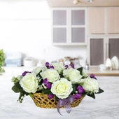 Nettenevime Yapay Çiçek Aranjmanı Sepettte Beyaz Gül Ve Mor Tomurcuklu Aranjmanı Çiçek Sepeti thumbnail 4