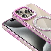 iPhone 15 Pro Kılıf Pırlanta Taş Tasarımlı M-safe Şarj Özellikli Karetta Silikon Kılıf - 9