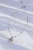 316L Çelik Zincir Gümüş Renk Zirkon Taşlı Charm Kalp Kolye - TJ-BKO8744 - 2
