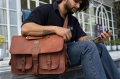 Cuero Vintage El Yapımı Deri  Çapraz Askılı Çanta Dizüstü Bilgisayar Evrak Çantası  18 inç - 5