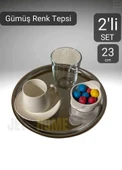 2’li Set Lüx Sunum Tepsisi Paslanmaz Kahve Tepsisi Çelik Tepsi Yuvarlak Çeyizlik Tepsi 23 cm - 3