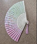 Beluga Yelpaze Bambu Kumaş Serinletici Vintage Şık Dekorasyon Pembe/Yeşil Püsküllü Japon Yelpaze 0280 - 1