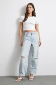 Yüksek Bel Paça Katlamalı Yırtık Detaylı Jean Buz Mavisi thumbnail 3