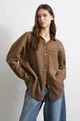 Cepli Oversize Keten Gömlek Kahve thumbnail 3