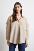 Cepli Oversize Keten Gömlek Bej thumbnail 4