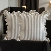 2'li Fırfırlı Çizgili Keten Kırlent Kılıfı, Sütlü Kahve Çizgili - 1