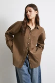 Cepli Oversize Keten Gömlek Kahve thumbnail 1