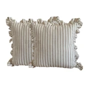 2'li Fırfırlı Çizgili Keten Kırlent Kılıfı, Sütlü Kahve Çizgili - 3