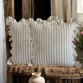 2'li Fırfırlı Çizgili Keten Kırlent Kılıfı, Sütlü Kahve Çizgili - 2