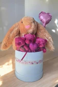 SOLE Premium Özel Kutusunda; 45 cm Kahve Bunny Tavşan, Simli Kalp 3 Adet Fuşya Ayıcık ve Kalp Balonlu Buket - 2